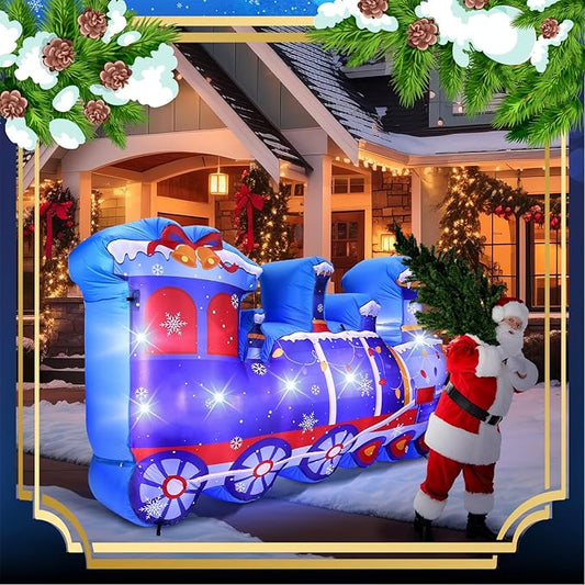 VIHOSE 8 ft Length Christmas Polar Train Inflatable Outdoor Decoration Christmas Blow Up Polar Train Winter Birthday Photo Props Built-in LED Light for Xmas Birthday Party Holiday