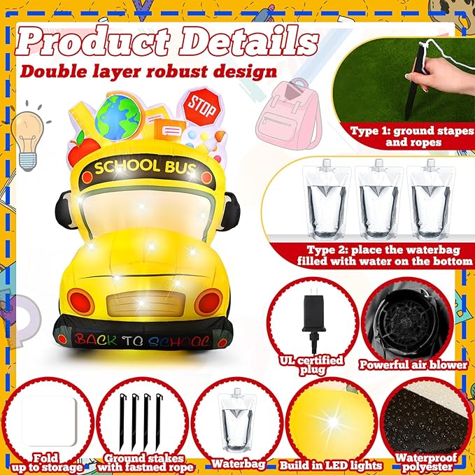 VIHOSE 5.4 Ft Back to School Inflatable Decorations First Day of School Bus Blow Up Yard Decor Build in LED Lights for Party Outdoor Garden Lawn Holiday