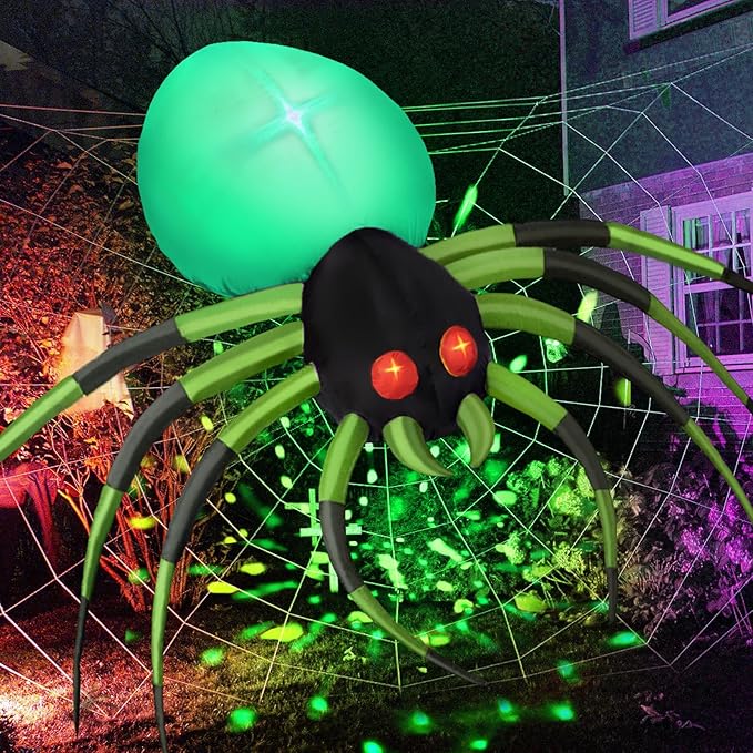 8FT Wide Halloween Inflatable Outdoor Decoration, Green Spider Inflatable Halloween Decorations Built-in Rotating Green Lights Blow up Spider Decorations for Holiday Party Yard Garden