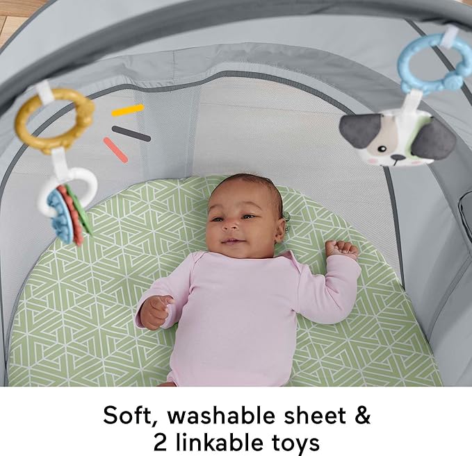 Fisher-Price Portable Bassinet On-The-Go Baby Dome, Travel Play Space with Developmental Newborn Toys & Canopy, Puppy Perfection