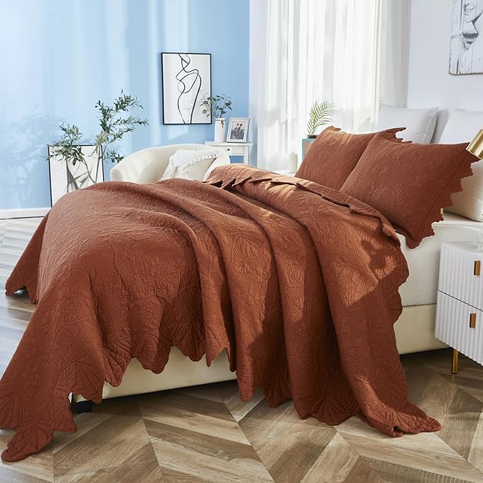 Brandream Queen Size Quilt Set Cotton Quilts Pumpkin Orange Farmhouse Bedding Set Matelasse Coverlet Set Scalloped Edge Quilts 3-Piece