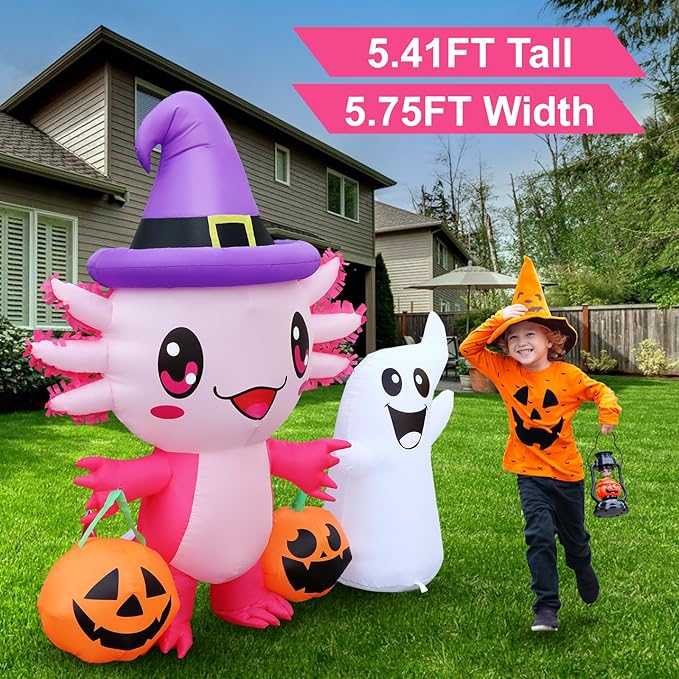 Halloween Inflatable Outdoor Decorations 5.7FT Axolotl Ghost Hold Pumpkin Inflatables Blow Up Yard Decorations with LED Lights Halloween Outside Lawn Party Decor (Axolotl Hold Ghost Inflatables)