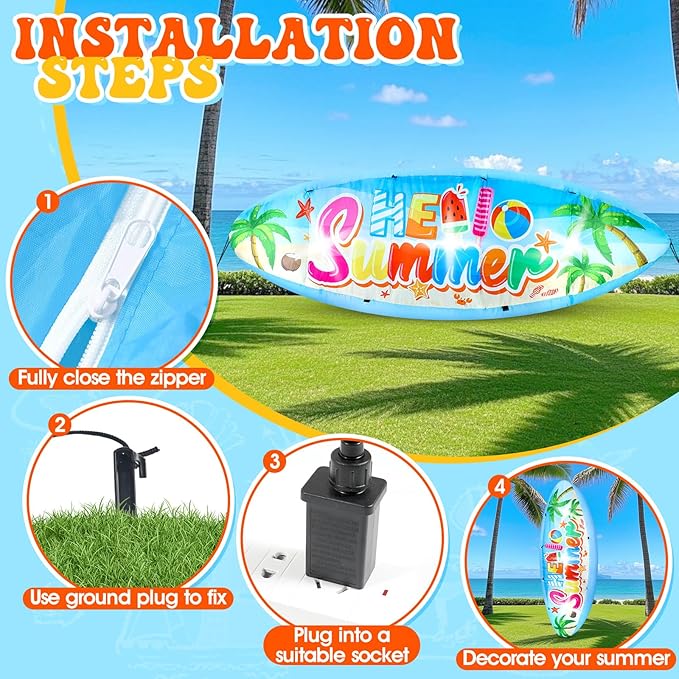 Eyourlife 5 FT Hello Summer Surfboard Inflatable, Outdoor Blow Up Yard Decoration with Built-in 3 LED Lights, Summer Luau Party Decorations for Pool Holiday Garden Lawn Patio Tropical Beach
