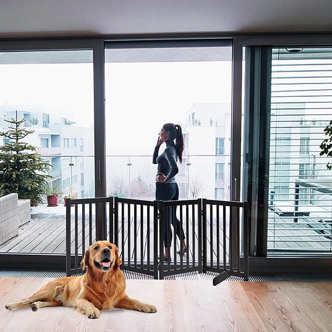 LZRS Solid Hardwood Freestanding Pet Gate, Wooden Dog Gates for Doorways & Stairs, Black, 30" Height-4 Panels