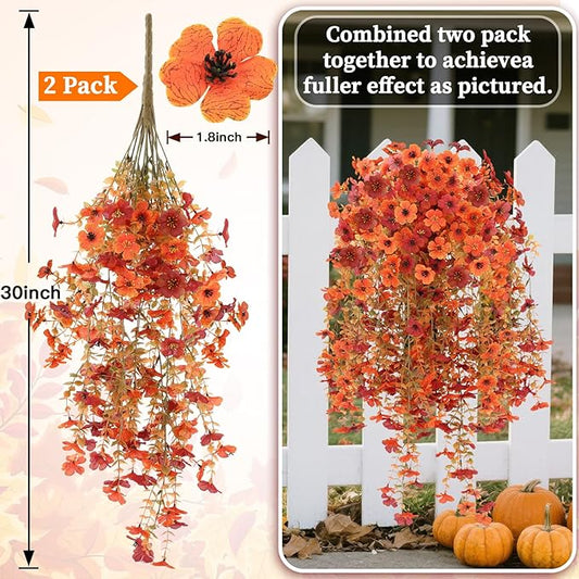 Artificial Hanging Fall Flowers for Outdoors, 2 Bundles UV Resistant Faux Flowers for Autumn Porch Decor, Waterproof Hanging Plants for Garden (Orange Red)