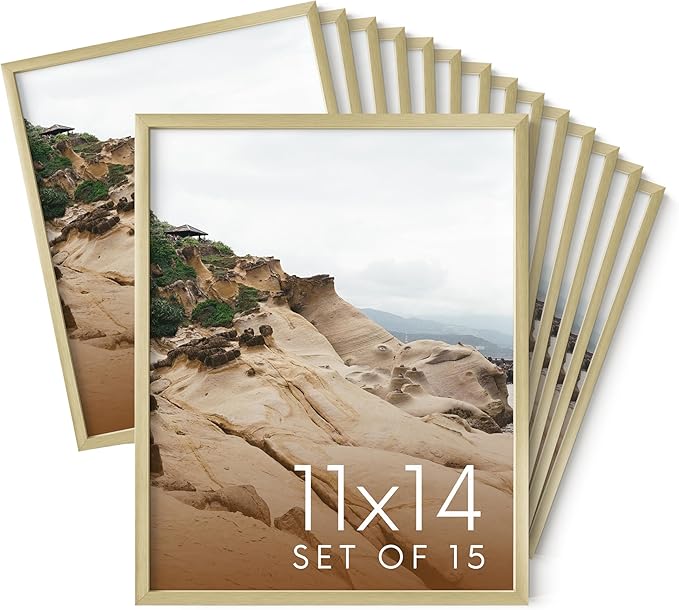 HAUS AND HUES 11x14 Gold Metal Picture Frames - Features Premium Aluminum, Vertical & Horizontal Hang, Shatterproof Plexiglass - Perfect for Home, Room, Office (11x14 in, Gold, Set of 15)