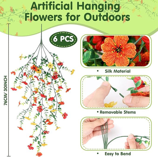 6 Pcs Artificial Fall Hanging Flowers Outdoor Silk Mum Plants Autumn Decor Faux Violet with Eucalyptus Realistic UV Resistant Trailing Vine Thanksgiving Porch Yard(Bright Color,Violet)