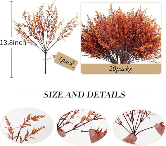 RECUTMS Faux Greenery Fake Lavender Fall Plants 20Pcs Fade Resistant Outdoor Flowers Faux Autumn Plants Fake Flowers Bulk Artificial Greenery for Porch Office Bathroom Fall Party Decorations (Brown)