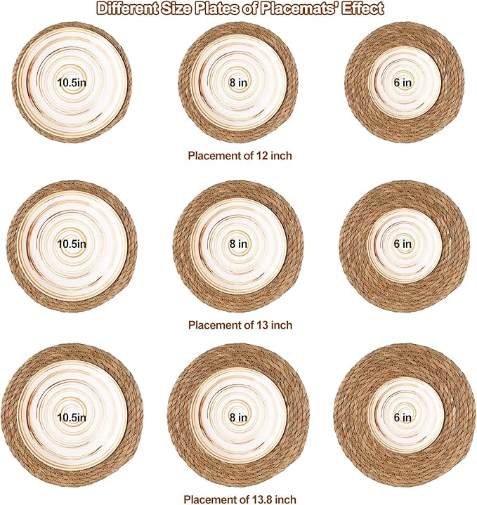 Round Woven Placemats - Boho Rattan Natural Water Hyacinth, Farmhouse Weave Place Mats, Rustic Braided Wicker Table Mats for Dining Table, Home, Wedding (13 Inch Set of 8)