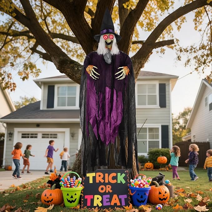 Prsildan 6.6FT Hanging Witch Halloween Decorations Outdoor, Animated Talking Witches with Color-Changing LED Eyes & Scary Sounds, Touch & Sound Sensor Halloween Decor for Yard Porch Haunted House