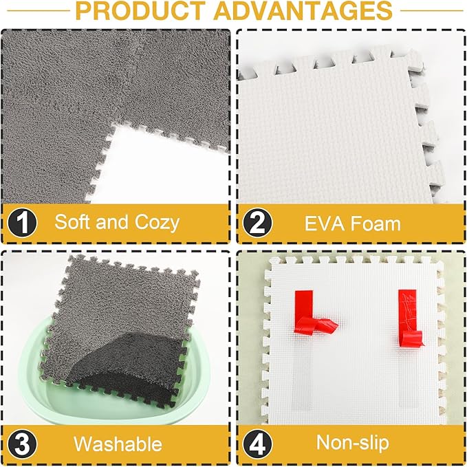 12 Pcs Plush Interlocking Carpet Tiles,Non-Toxic Foam Carpet Tiles for Toddler Baby,Machine-Washable,Anti-Slip,EVA Foam Interlocking Tiles for Floor, Nursery, Playroom,Grey White Black