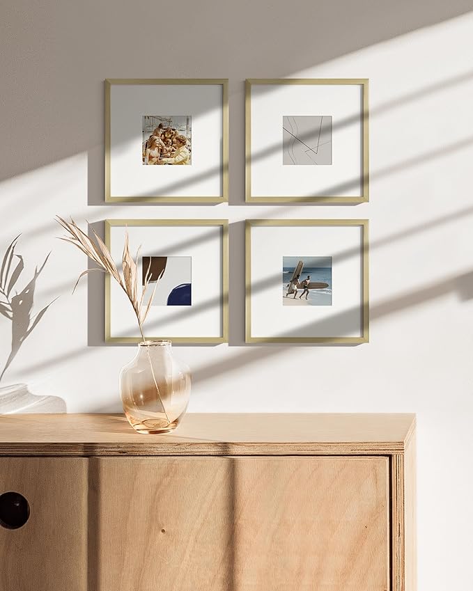 HAUS AND HUES 8x8 Gold Metal Picture Frames Matted to 4x4 - Features Premium Aluminum & Hanging Hardware, Shatterproof Plexiglass - Ideal for Home, Room, Office (8x8 in, Gold, Set of 4)