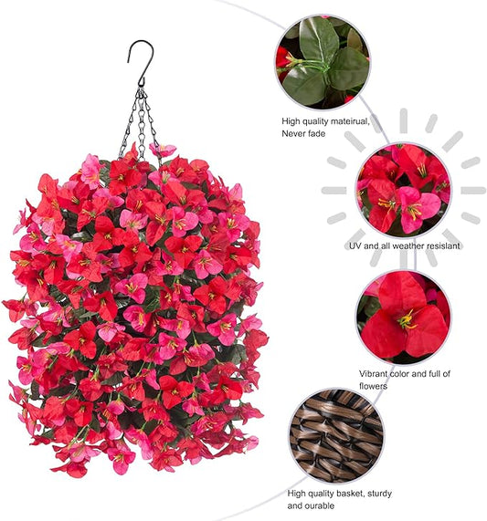 Artificial Bougainvillea Faux Flowers Plants Baskets for Outdoor Outside Decoration, 3 PCS Fake Silk Flowers Long Trailing Vines UV Resistant Realistic for Front Door Porch Patio Balcony, RedHotpink