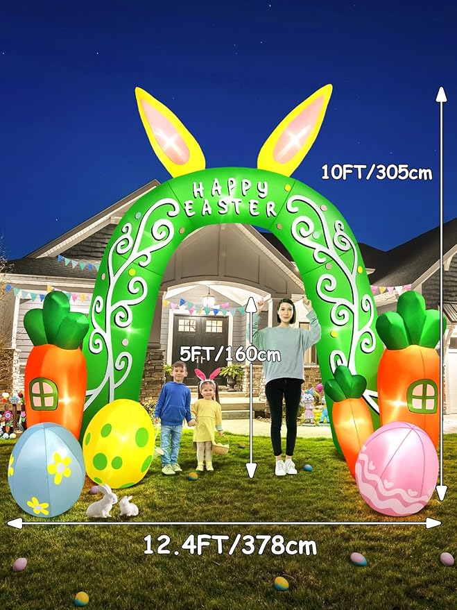 Kalolary 12FT Easter Arch Inflatables Outdoor Decorations, Cute Bunny Rabbit with Eggs Easter Inflatable Built in LED Lights Blow Ups for OutsideHoliday Party,Outdoor,Garden,Yard Lawn Decor