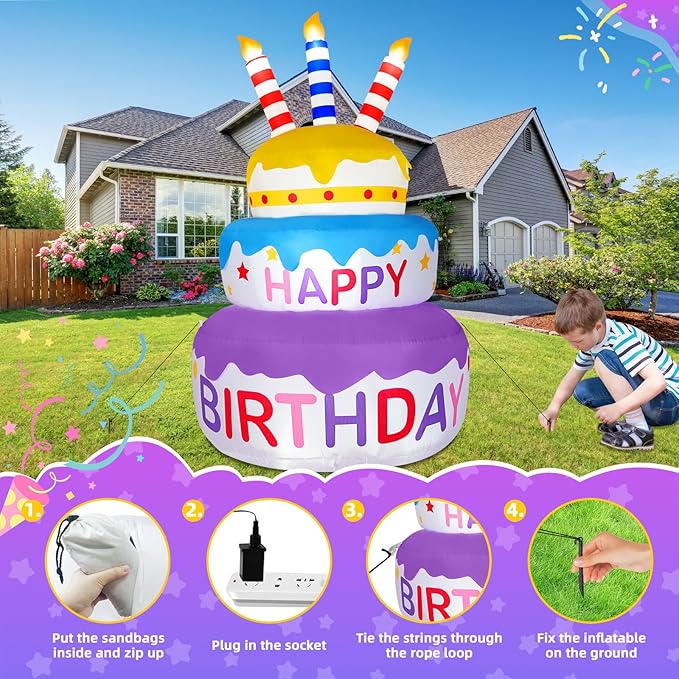 B&D 6FT Happy Birthday Cake Inflatable Decoration, Rotating Cake with Three Colors, Sparkling LED Lights, Eye-catching Outdoor, Indoor Decor for Birthday Party, Holiday, Light Up for Lawn Yard Garden