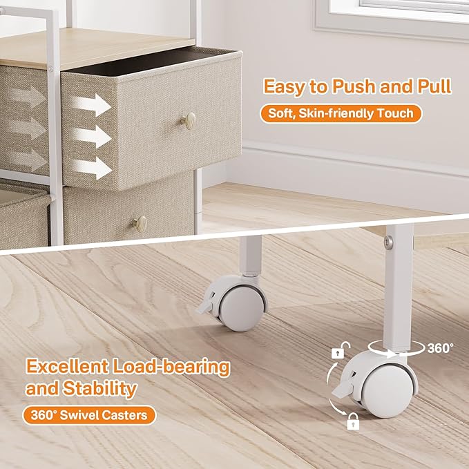 Baby Organizer and Storage - 3 Tier Rolling Cart with Dividers and Drawers, Easy to Assemble, Mobile Utility Cart with Wheels for Nursery, Bedroom, Changing Table & Crib,Off White
