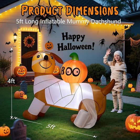 Dawdix 5FT Halloween Inflatables Mummy Dog Outdoor Decoration, Funny Blow Up Puppy Wrapped in Toilet Paper with Boo Pumpkin, Lighted Yard Dachshund Decor, Halloween Blow Up for Lawn, Garden, Porch