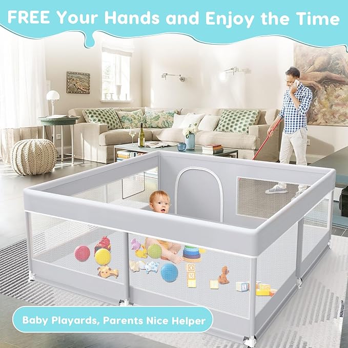 Baby Playpen, 50x50 Inch Baby Playard for Babies and Toddlers, Play Pens for Indoor & Outdoor, Sturdy Safety Play Yard with Soft Breathable Mesh, Anti-Fall, Grey