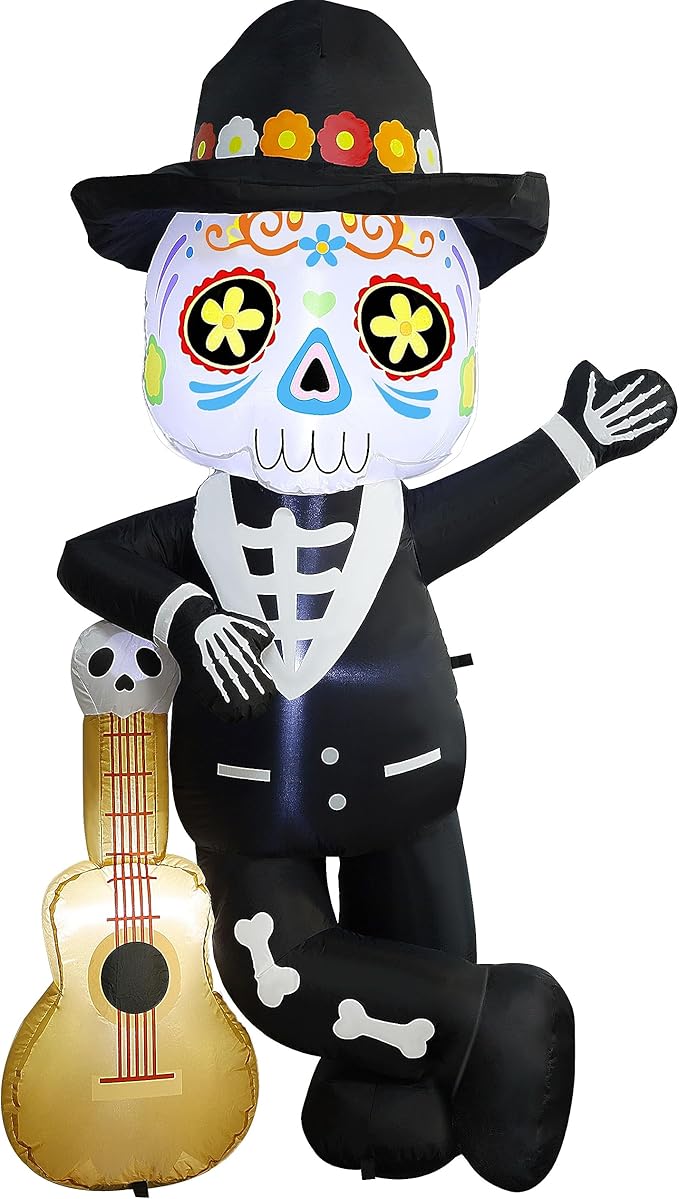 Joliyoou 6FT Halloween Inflatable Decoration, Lighted Blow Up Skeleton with A Guitar, Plug-In Holiday Indoor Outdoor Standing Decor for Spooky Party Day of the Dead (Skeleton Leaning Against A Guitar)