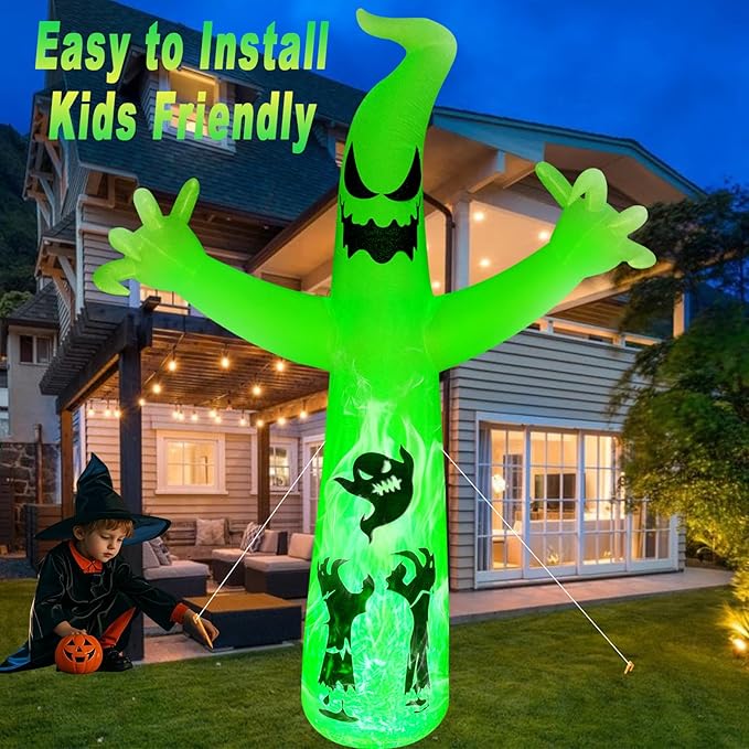 12 FT Halloween Inflatable Ghost with Color-Changing Fire LED Lights – Spooky Outdoor Yard Decoration for Halloween, Inflatable Ghost Decor for Garden & Party