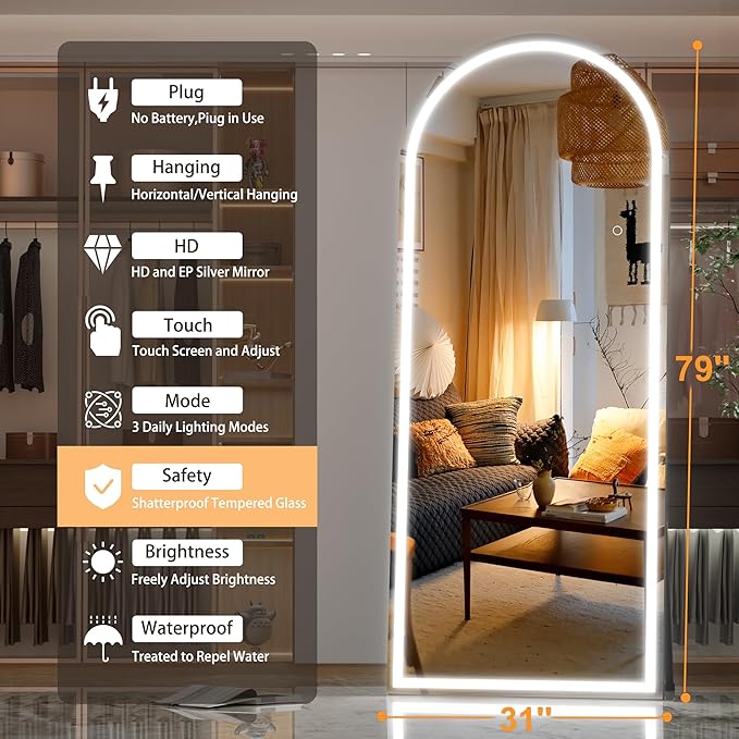 Hasipu 79" x 31" Led Mirror Full Length, Full Length Mirror with Lights Arch Design, Full Length led Mirror,Tempered Glass,Shatter-Proof, Dimming & 3 Color Modes for Bedroom Cloakroom-UL