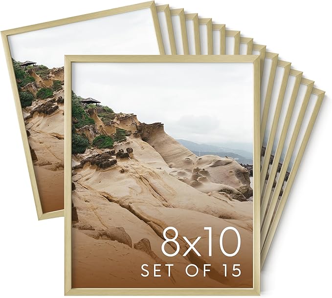 HAUS AND HUES 8x10 Gold Metal Picture Frames - Features Premium Aluminum, Vertical & Horizontal Hang, Shatterproof Plexiglass - Perfect for Home, Room, Office (8x10 in, Gold, Set of 15)