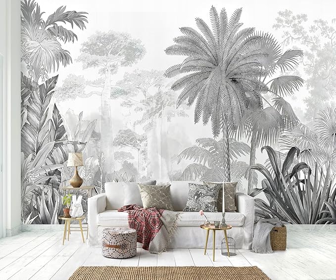 Grey Jungle Plant Leaves Wallpaper Mural (Not Peel and Stick)