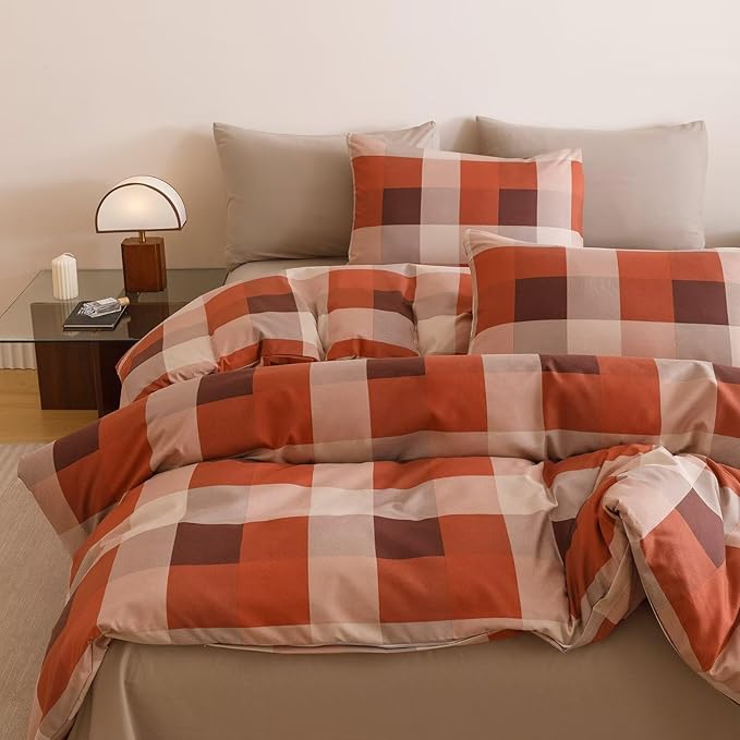 Cottonight Checkered Red Comforter Set Full Gingham Grid Bedding Set Red and Khaki Grid Comforter Fluffy Soft Bedding Set Kids Teens Full Comforter with 2 Pillowcases