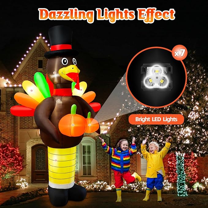 10FT Thanksgiving Inflatables Turkey Decorations, Giant Thanksgiving Blow up Turkey Decor Built-in LED Lights Autumn Fall Harvest Decorations for Holiday Outdoor Yard Lawn Garden Patio Decor