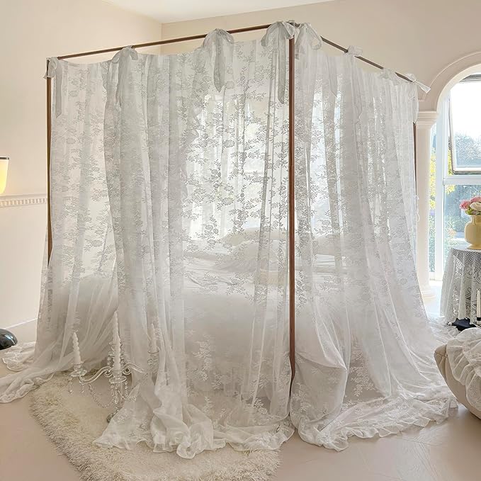 Mengersi Canopy Bed Curtains with Tie Backs,Bed Canopy Curtains Bed Drapes Sheer Curtains for Bedroom Decor(Twin,White