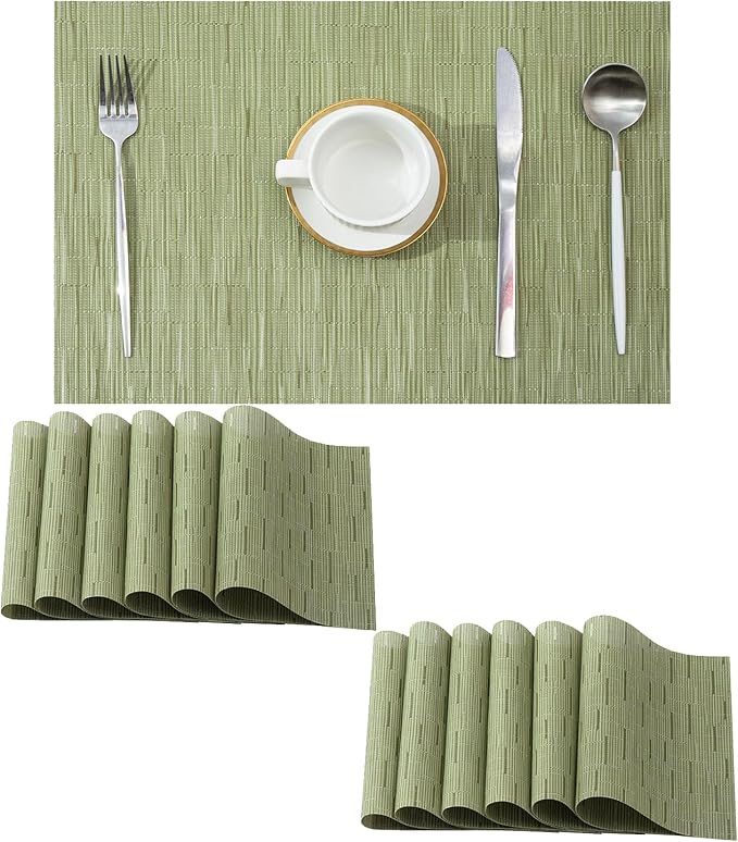 Leetaltree Pea Green Placemats Set of 12 - Heat Resistant Non-Slip Place mats for Dining Table, Washable Durable PVC Vinyl Woven Table Mats(Pea Green, 12)