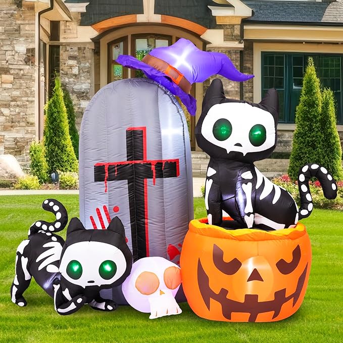 Max Fun 6FT Halloween Inflatables Skeleton Cat Pumpkin with LED Build-in Yard Decoration Blow Up Inflatables for Outdoor Indoor Garden Lawn