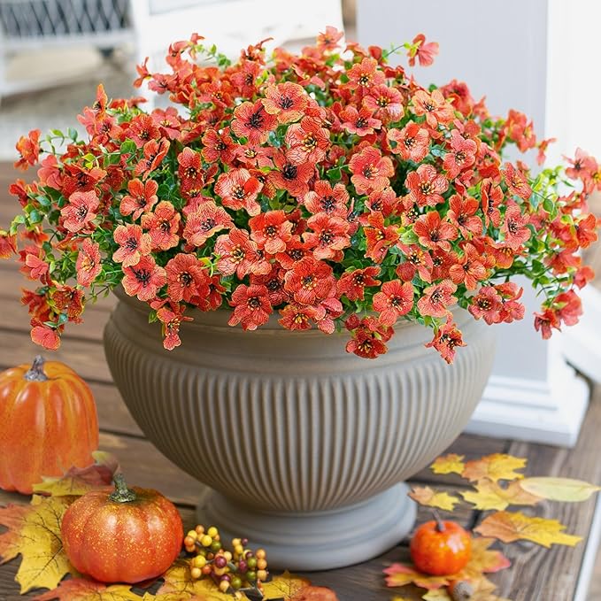 Artificial Fake Fall Mums Flowers Plants for Outdoor Outside Decoration, 12 Bundles Faux Silk Orange Daisy UV Resistant Look Real for Autumn Front Door Porch Planter Patio Garden Home