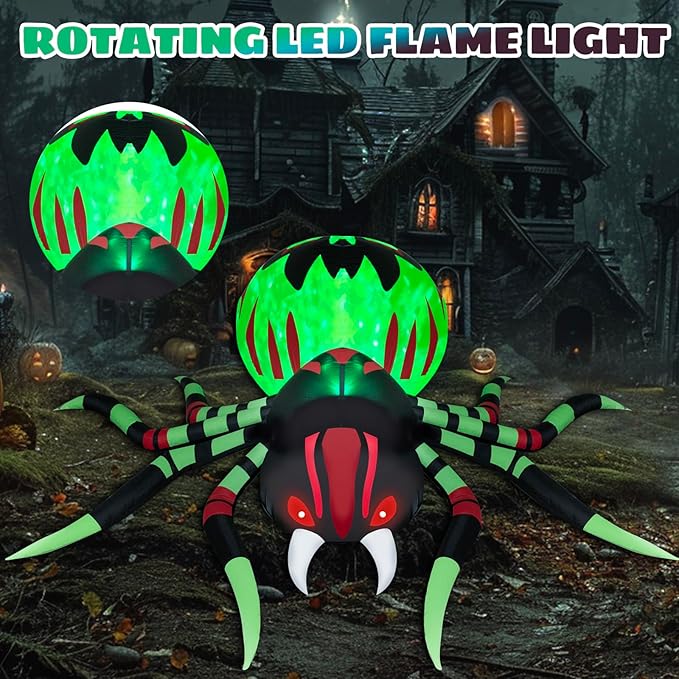 8FT Halloween Inflatables Spider Outdoor Decorations for Yard, Giant Blow up Green Spider with Rotating Fire Flame Light, Large Spooky Spider for Halloween Party Garden Lawn House Holiday Decor