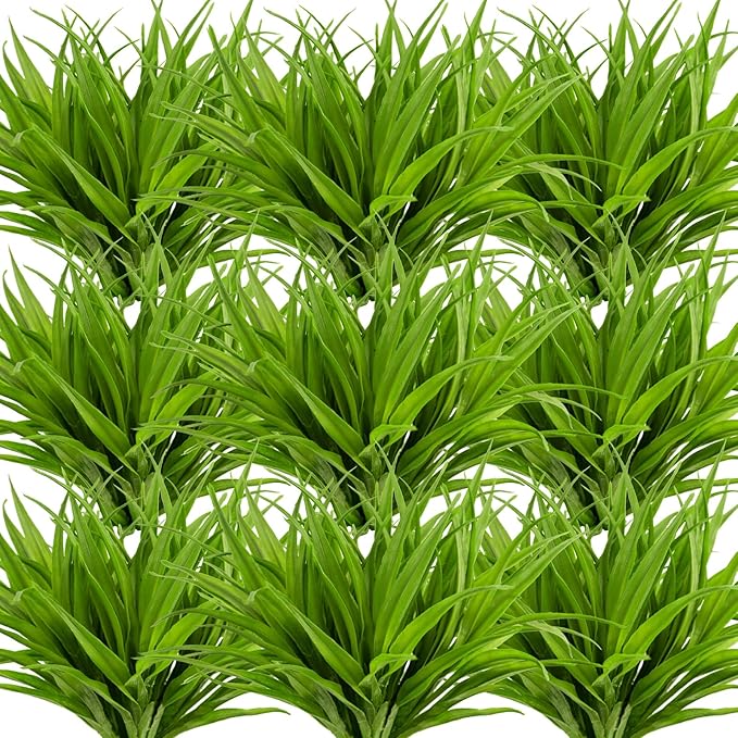Artificial Fake Grass, 24 PCS Outdoor Faux Grasses Plastic Plants Greenery UV Resistant for Outside Home Windowbox Garden Office Patio Hanging Planter Front Porch Spring Décor (Green)