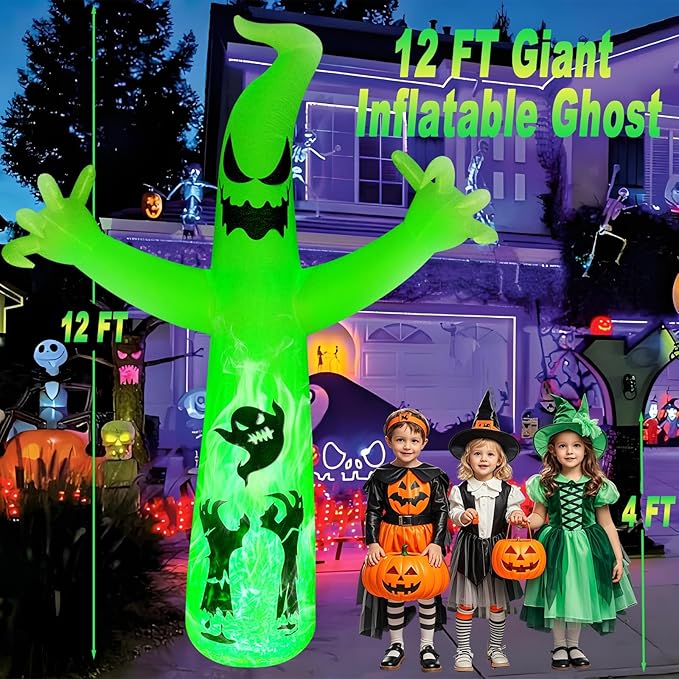 12 FT Halloween Inflatable Ghost with Color-Changing Fire LED Lights – Spooky Outdoor Yard Decoration for Halloween, Inflatable Ghost Decor for Garden & Party