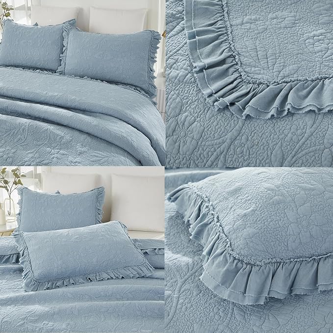 Brandream Queen Size Quilt Set Cotton Shabby Chic Bedding Light Blue Floral and Vine Matelasse Coverlet Set Ruffle Bedspreads 3-Piece