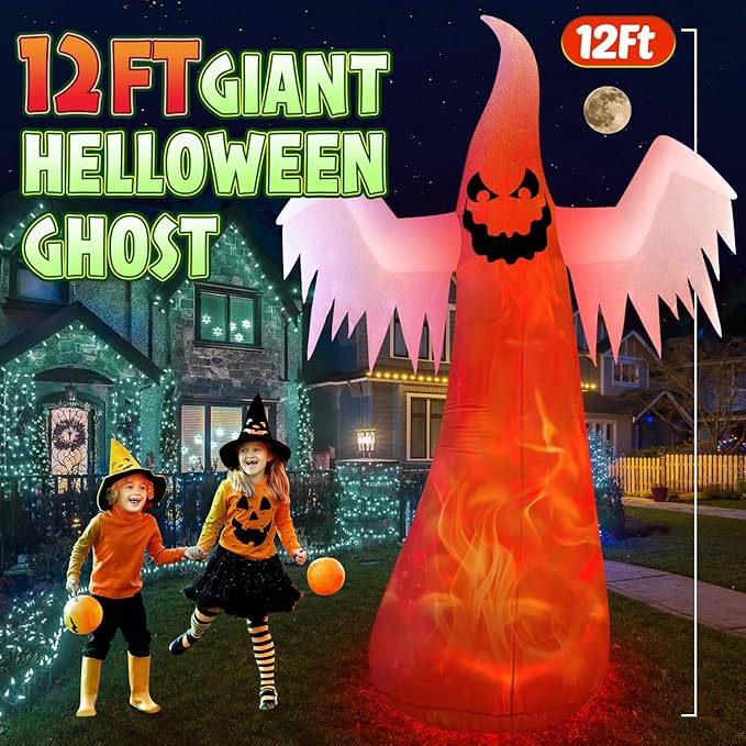 12FT Giant Halloween Inflatables Decorations Outdoor Ghost Built-in 3-Color Changing Rotating Flame LEDs Blow Up Yard Inflatables Halloween Large Scary Spooky for Outside Patio Lawn