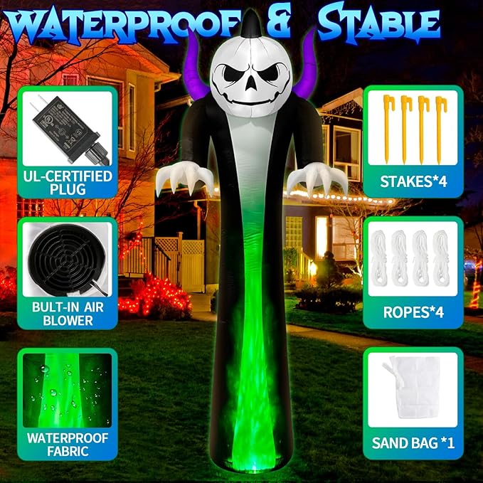 12FT Halloween Inflatables Decoration Outdoor Giant Pumpkin Reaper Ghost Built-in 3-Colored Rotation Flame LED Halloween Blow Up Yard Decorations Spooky Outdoor Party Yard Lawn Decor(1PCS)