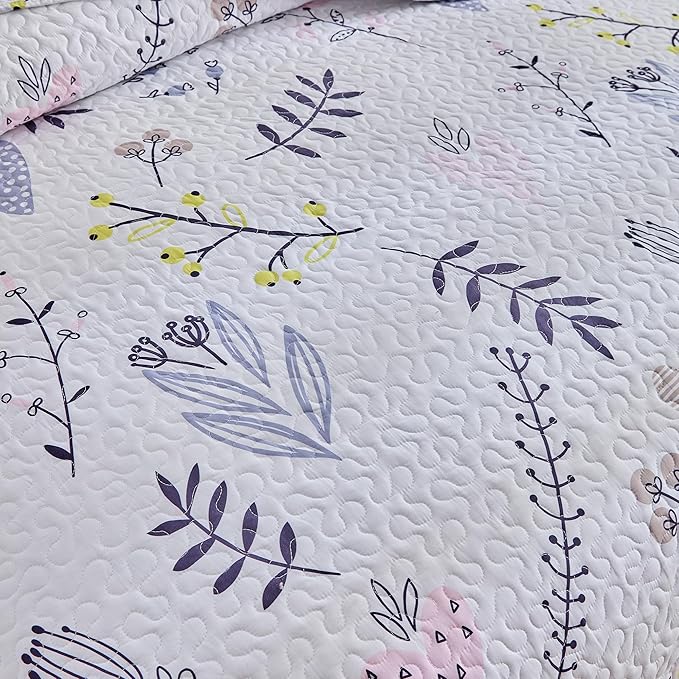 mixinni 3-Piece Quilt Set Flower Leaf Bedspread Lightweight Coverlet Set Garden Style Floral Printed Farmhouse Quilted Bedding Set with Shams for All Season, Queen Size