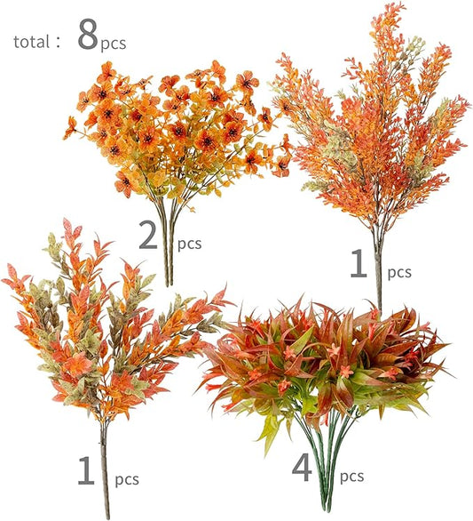 8pcs Fall Artificial Outdoor Branch with Eucalyptus Leaves for Indoor Outside Hanging Plants Garden Porch Window Box Home Wedding Farmhouse Décor