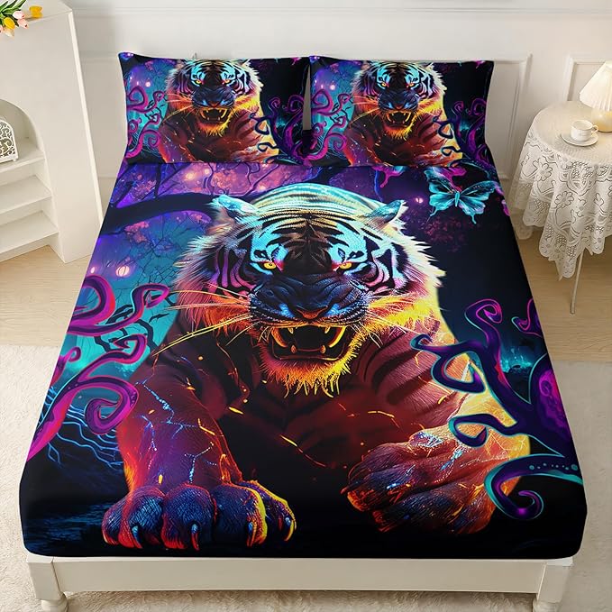 AILONEN Tiger Fitted Sheet Set Full Size, Purple Magic Forest Fierce Tiger Bed Sheet Set for Boys Girls,Howling Tiger Soft Breathable Fitted Sheet and 2 Pillowcases,3 Pieces