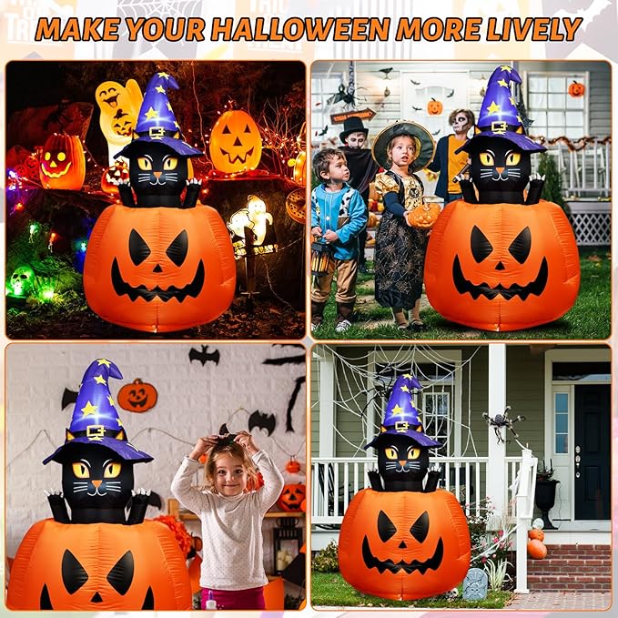 5.3 FT Halloween Inflatable Animated Witch Cat in Pumpkin, Blow Up Yard Decorations with Build-in LEDs Lighted Decor for Holiday Party Outdoor Indoor Lawn Garden