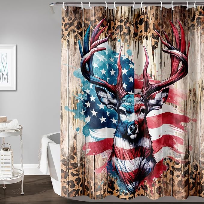 AILONEN Deer Hunting Shower Curtain for Bathroom Decor,American Flag Elk Bath Curtain for Kids Boys Teens,Safari Deer Print Curtain,Polyester Waterproof with 12 Plastic Hooks 48" W*72" H