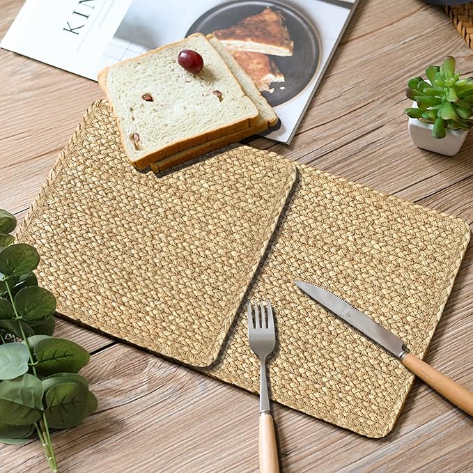 Square Woven Placemats Set of 4 Straw Table Placemat Extra Wide Braided Rattan Place Mats for Square Plates Farmhouse Placemat Wipeable Wicker Outdoor Placemats for Patio Table 13.4''