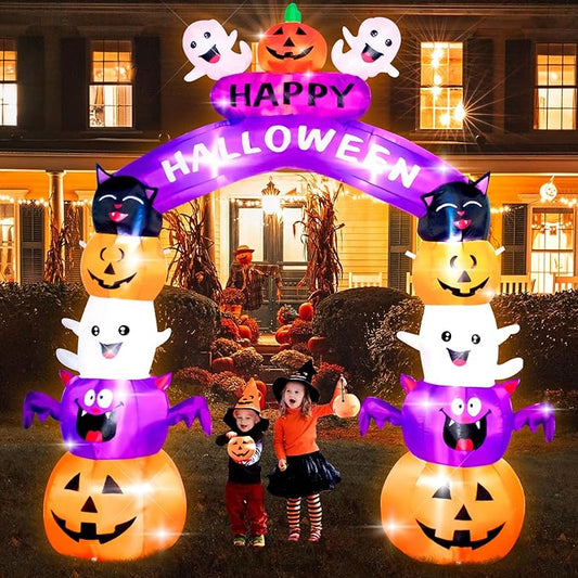 8FT Halloween Stacked Pumpkin Arch Inflatable Decoration Pumpkin Archway Blow up Inflatable Decorationswith LED Lights Indoor Outdoor Yard Garden Holiday Display for Halloween Party
