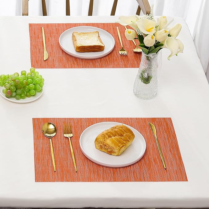 Leetaltree Orange Placemats Set of 4 - Heat Resistant Non-Slip Place mats for Dining Table, Washable Durable PVC Vinyl Woven Table Mats(Orange, 4)