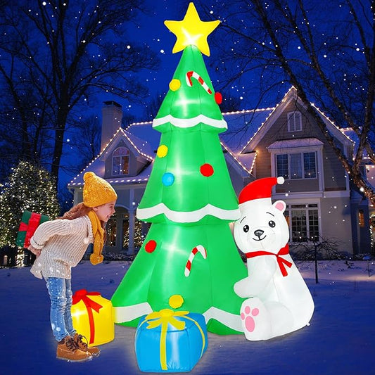 8FT Inflatable Tree Christmas Decorations Outdoor, Christmas Inflatables Polar Bear Holding Christmas Tree Built-in LEDs Blow Up Yard Decorations for Christmas Decor Garden Lawn Holiday Party