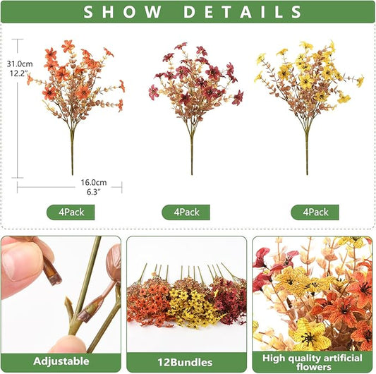 Artificial Mums Fake Fall Flowers for Outdoors Decoration, 12 Bundles Realistic Autumn Silk Daisy Faux Plants UV Resistant Decor for Home Garden Porch Patio Yard Balcony Window (Yellow Brown Orange)