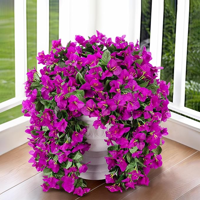 Artificial Faux Bougainvillea Flowers Plants for Outdoor Outside Summer Decoration, 2 pcs Fake Silk UV Resistant Look Real Long Trailing Vines for Front Door Porch Planter Urn Patio Balcony, Purple